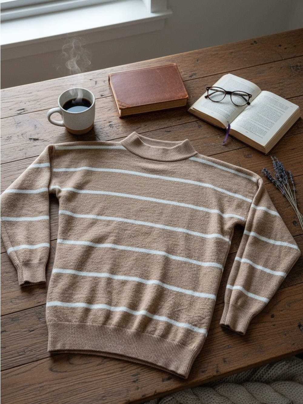 a new day Tan & White Striped Turtleneck Sweater